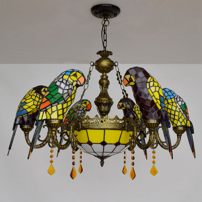 Multicolored Tinted Glass Chandelier with Bronze Parrots