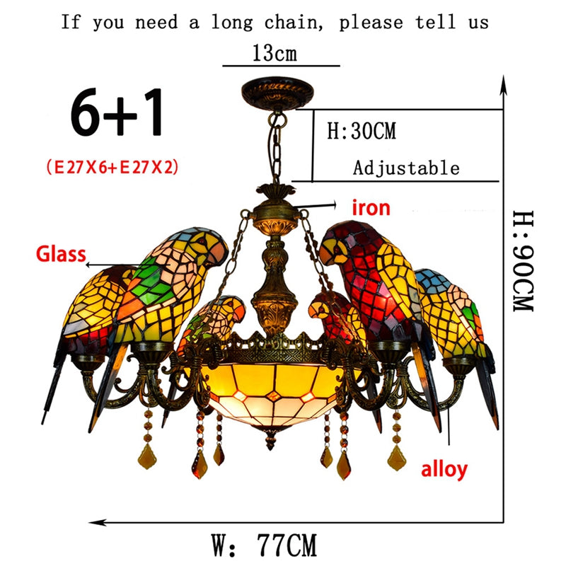 Multicolored Tinted Glass Chandelier with Bronze Parrots