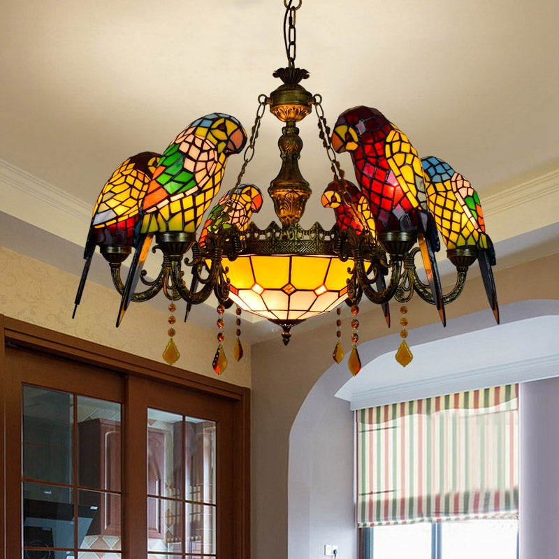 Multicolored Tinted Glass Chandelier with Bronze Parrots