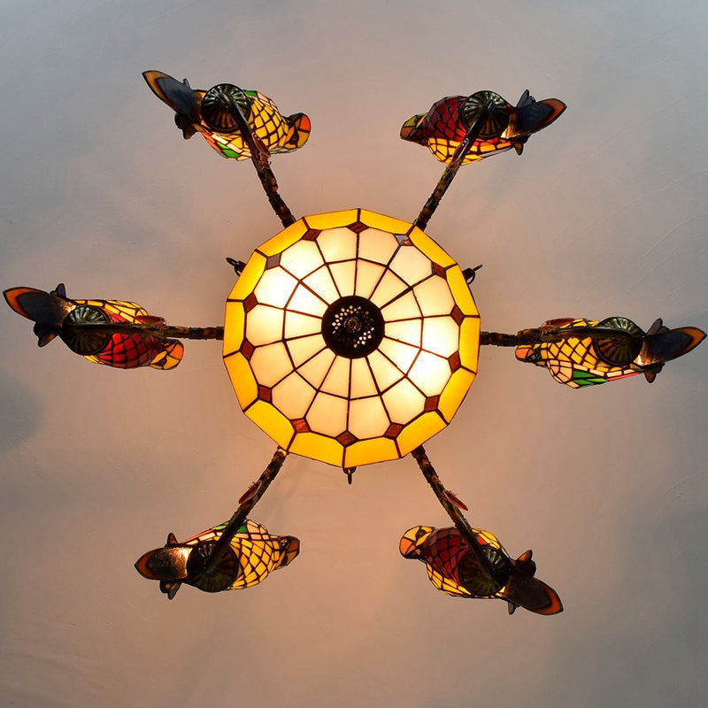 Multicolored Tinted Glass Chandelier with Bronze Parrots