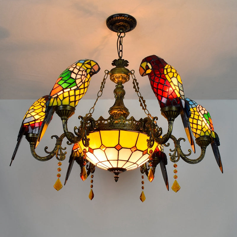 Multicolored Tinted Glass Chandelier with Bronze Parrots