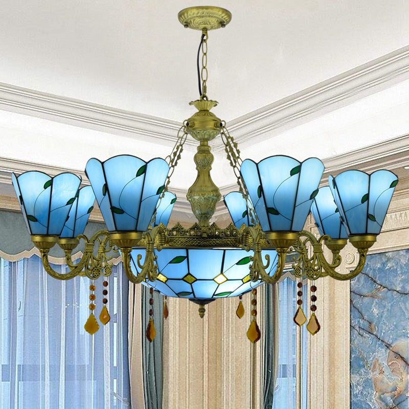 Tiffany-style chandelier in blue stained glass with leaf motifs