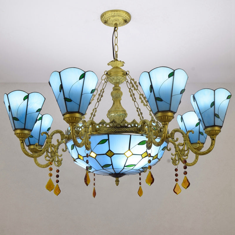 Tiffany-style chandelier in blue stained glass with leaf motifs