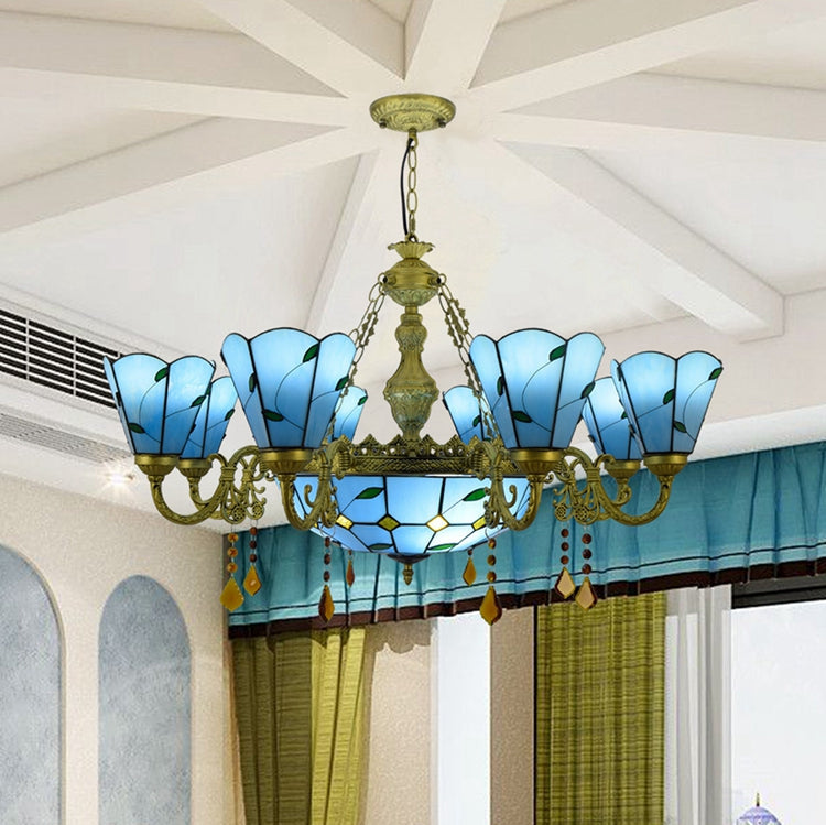 Tiffany-style chandelier in blue stained glass with leaf motifs