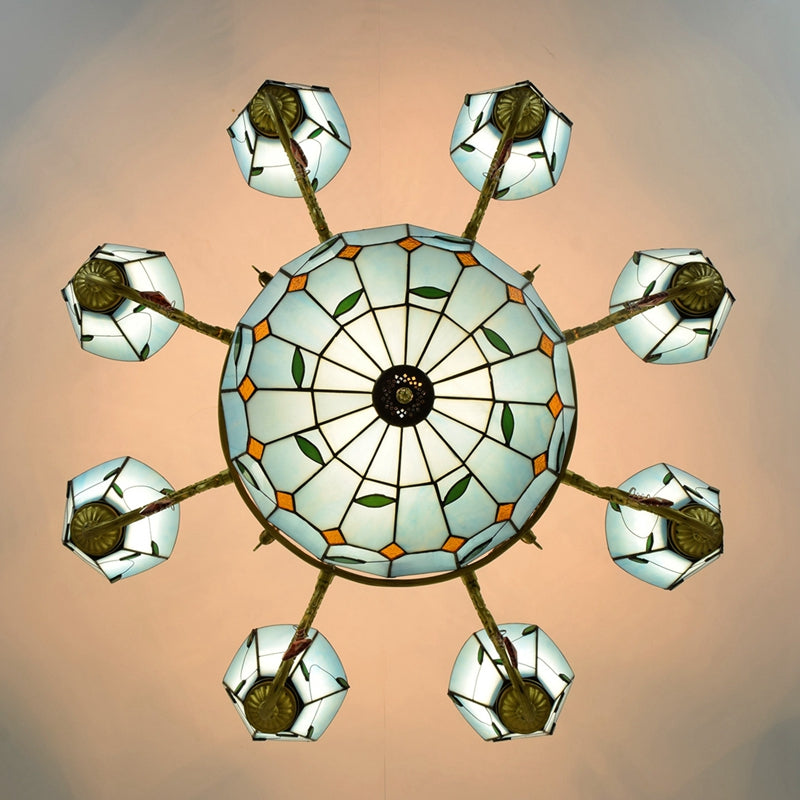 Tiffany-style chandelier in blue stained glass with leaf motifs