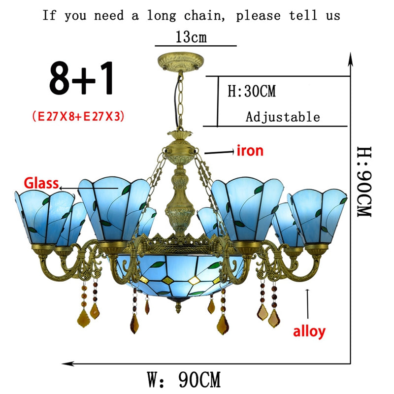 Tiffany-style chandelier in blue stained glass with leaf motifs