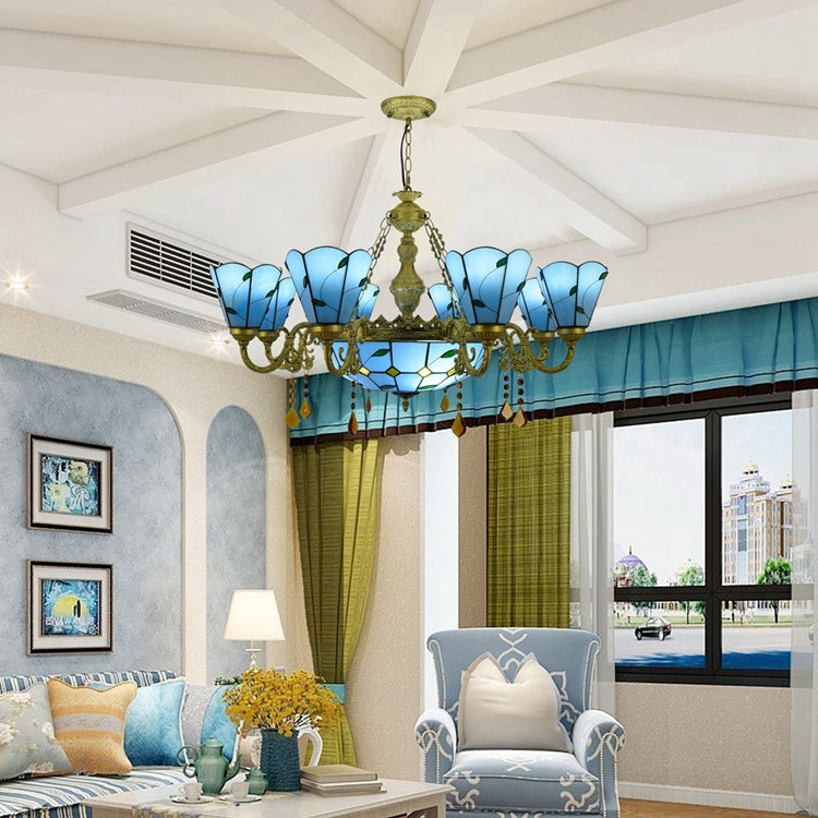 Tiffany-style chandelier in blue stained glass with leaf motifs