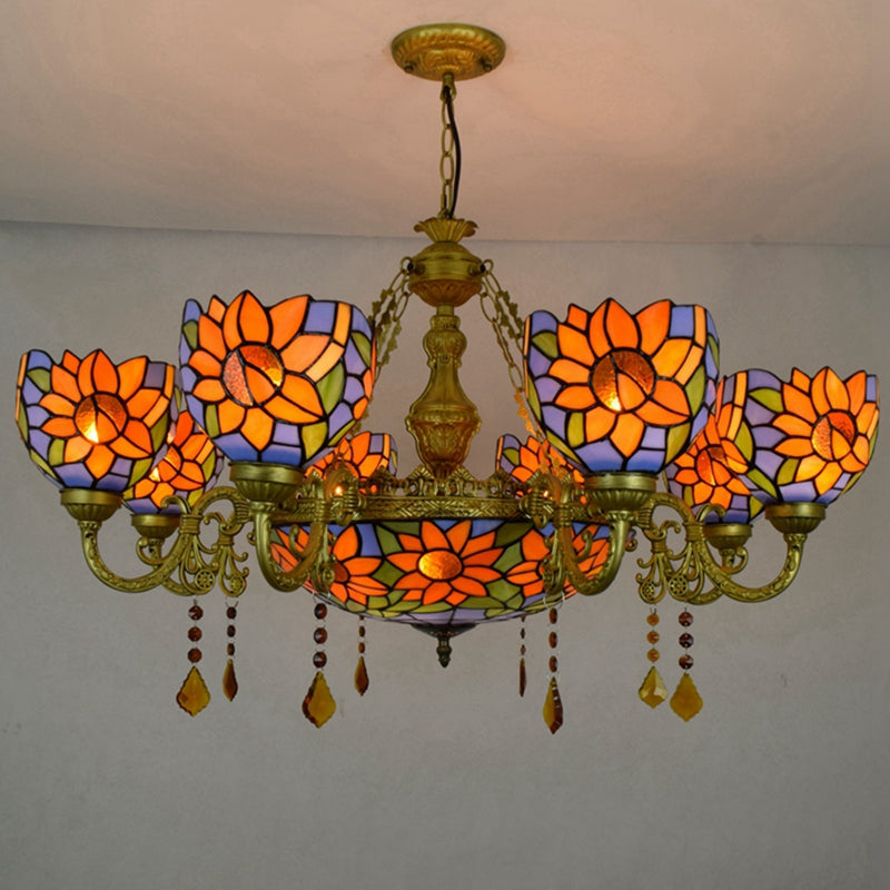 Floral Tiffany Stained Glass Chandelier and Antique Bronze