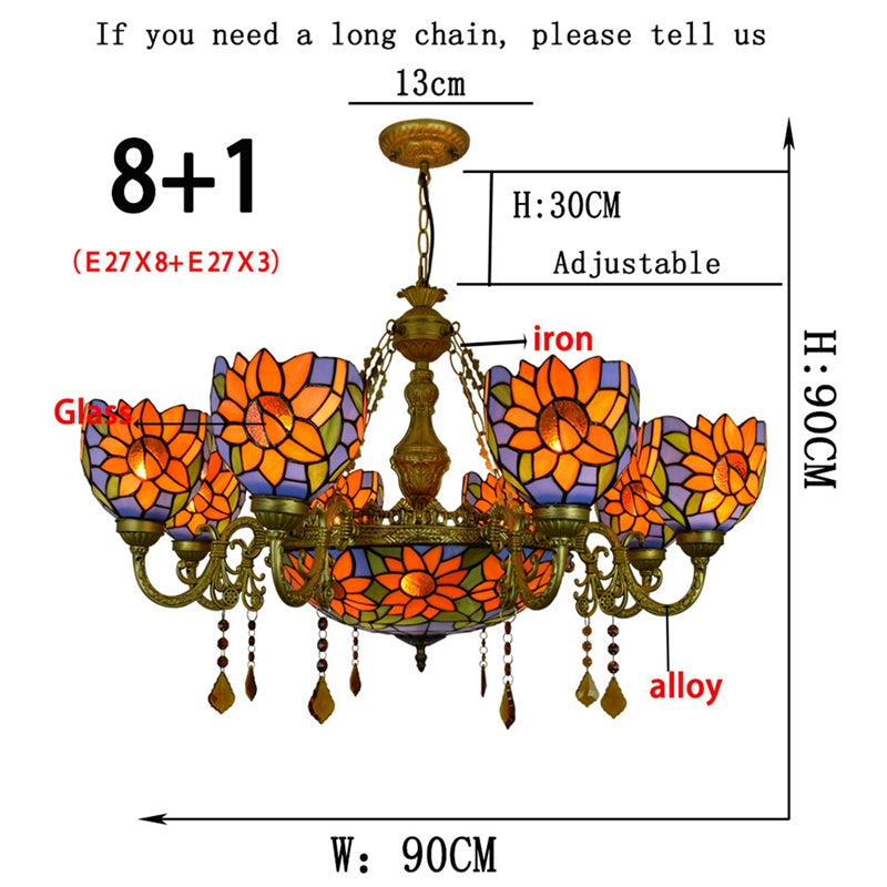 Floral Tiffany Stained Glass Chandelier and Antique Bronze