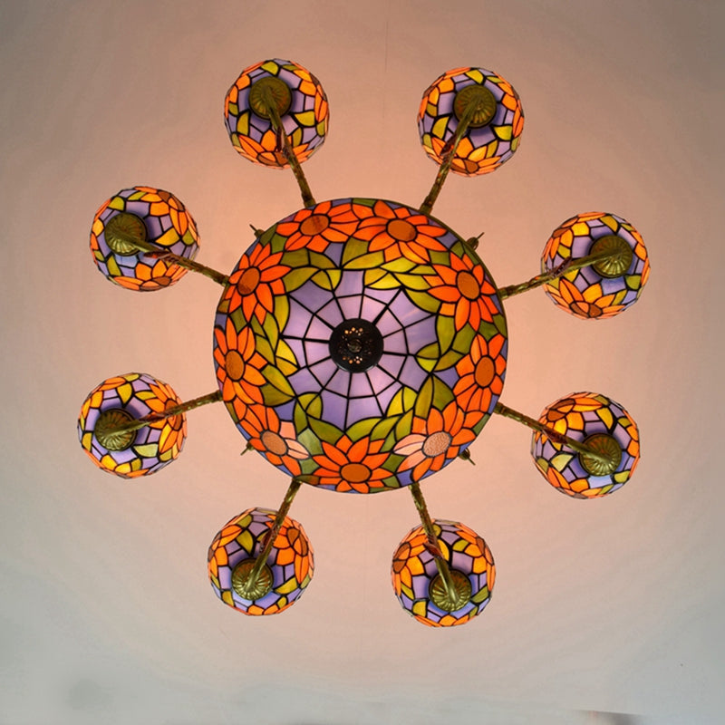 Floral Tiffany Stained Glass Chandelier and Antique Bronze