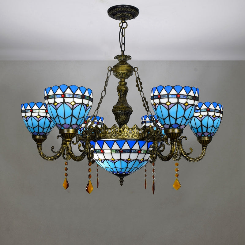 Tiffany Chandelier in Ornamental Blue Glass and Bronze