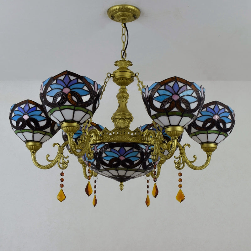 Tiffany Floral Chandelier in Multicolored Stained Glass