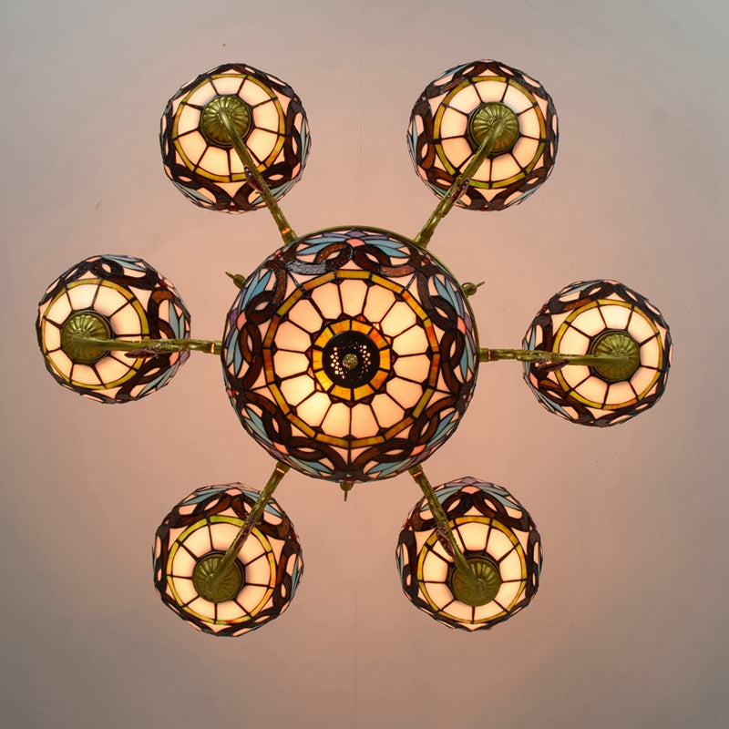 Tiffany Floral Chandelier in Multicolored Stained Glass