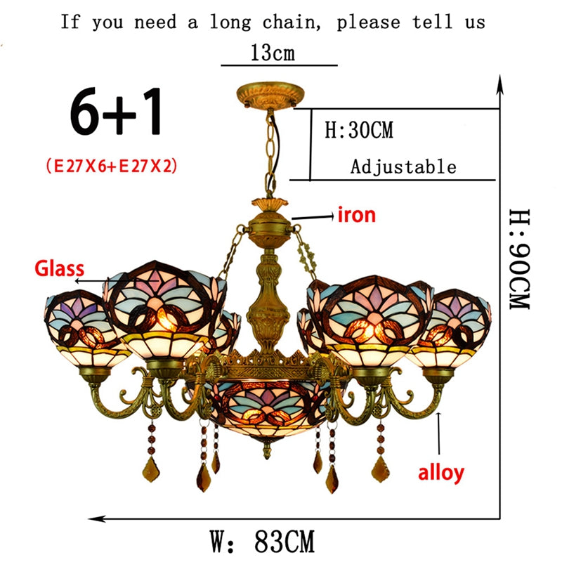 Tiffany Floral Chandelier in Multicolored Stained Glass