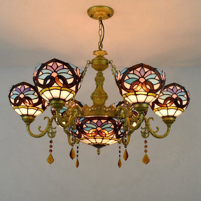 Tiffany Floral Chandelier in Multicolored Stained Glass