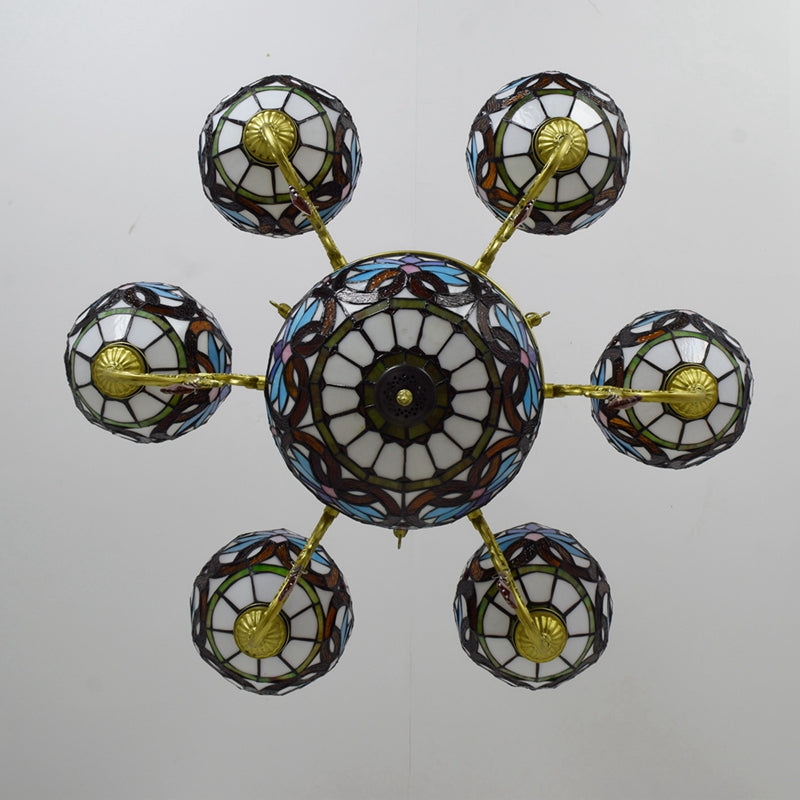 Tiffany Floral Chandelier in Multicolored Stained Glass
