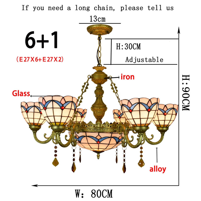 Tiffany Style Stained Glass Chandelier with 6 Arms in Bronze and Crystal