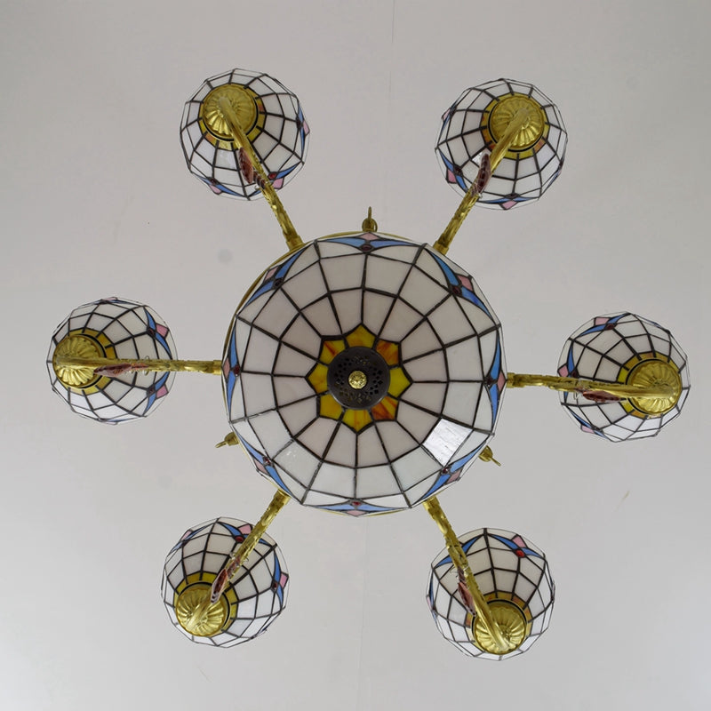 Tiffany Style Stained Glass Chandelier with 6 Arms in Bronze and Crystal