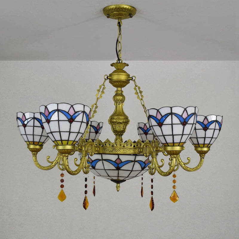 Tiffany Style Stained Glass Chandelier with 6 Arms in Bronze and Crystal