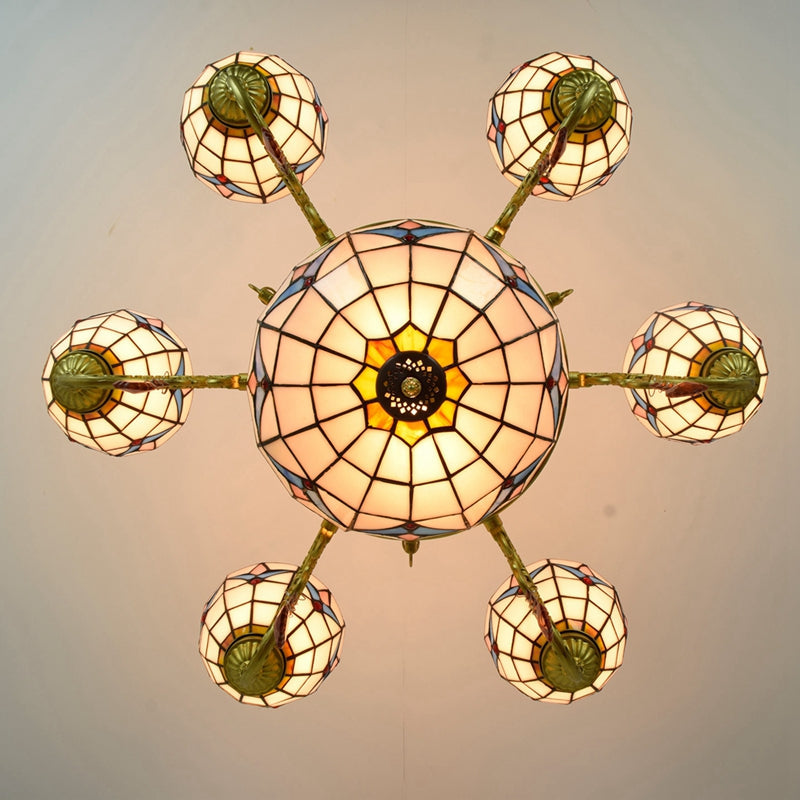 Tiffany Style Stained Glass Chandelier with 6 Arms in Bronze and Crystal
