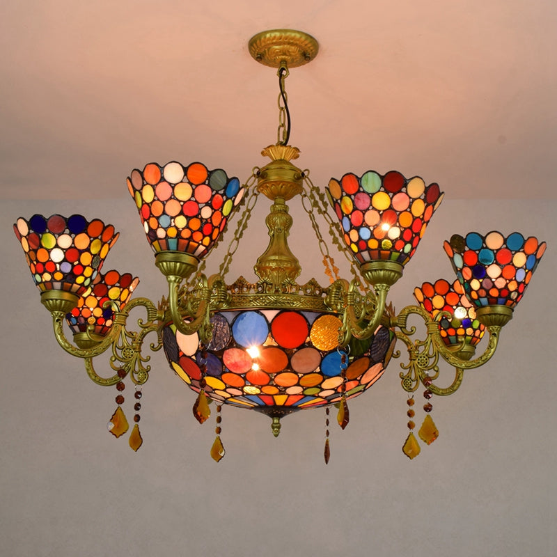 Multicolor Stained Glass Chandelier, Tiffany Style, Antique Bronze