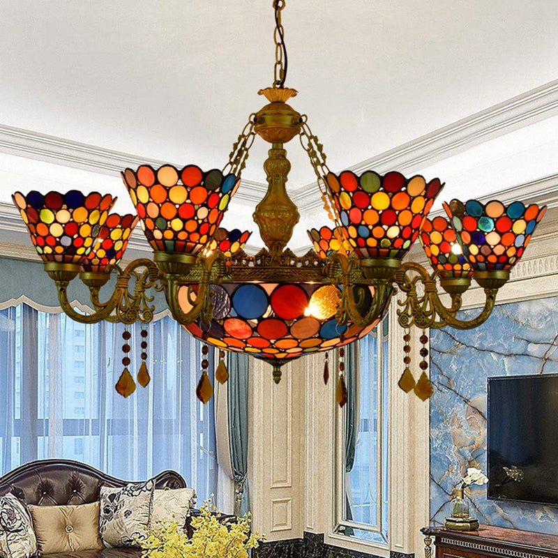 Multicolor Stained Glass Chandelier, Tiffany Style, Antique Bronze