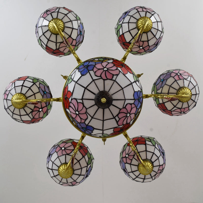 Tiffany Style Floral Stained Glass and Bronze Chandelier