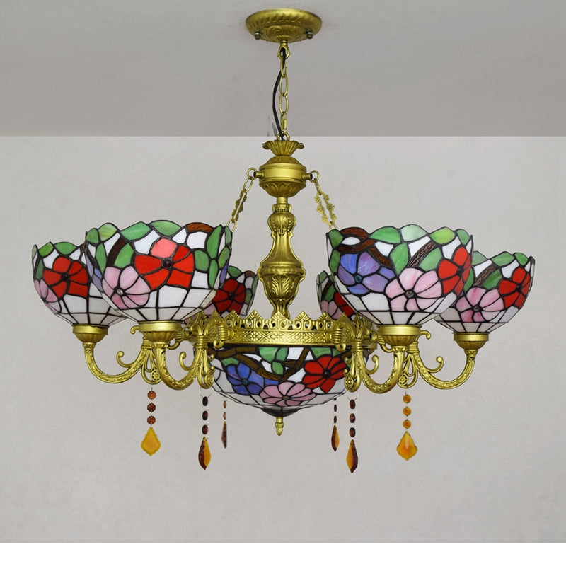 Tiffany Style Floral Stained Glass and Bronze Chandelier
