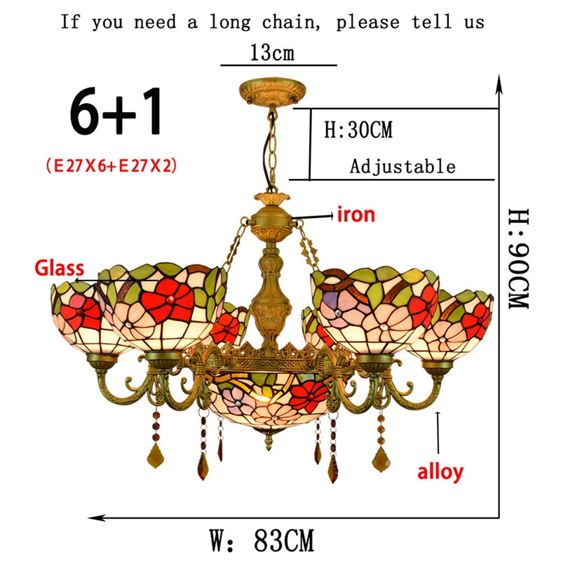 Tiffany Style Floral Stained Glass and Bronze Chandelier