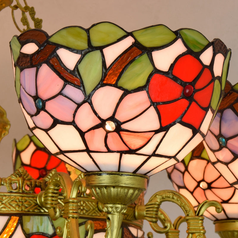 Tiffany Style Floral Stained Glass and Bronze Chandelier