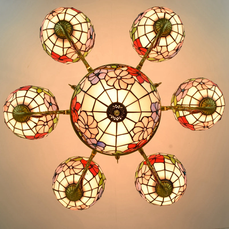 Tiffany Style Floral Stained Glass and Bronze Chandelier