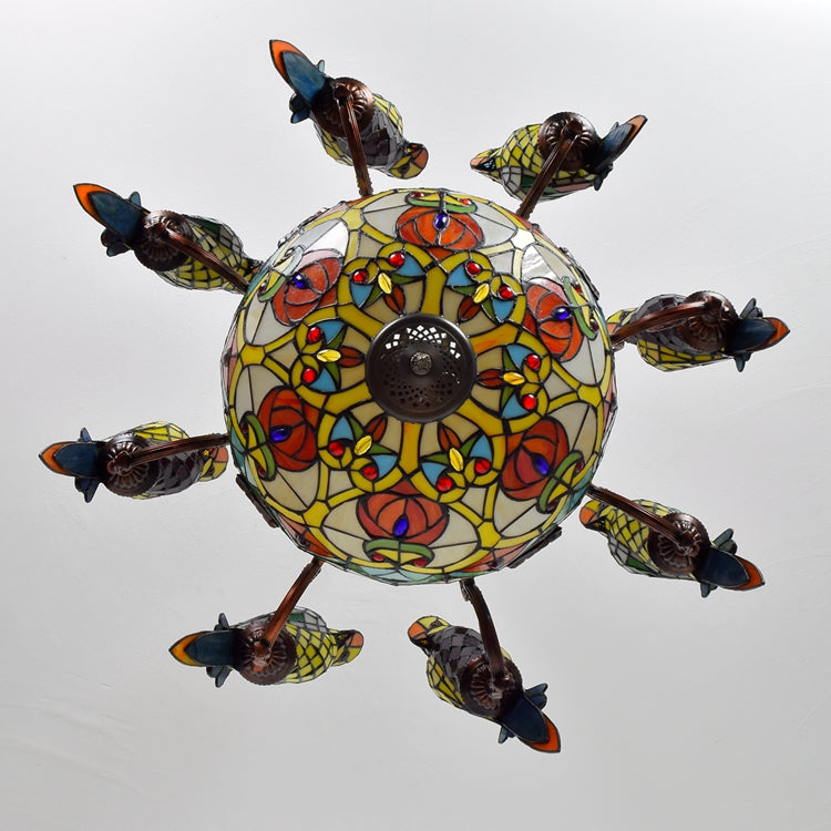 Art Nouveau Stained Glass Chandelier with Multicolored Parrots