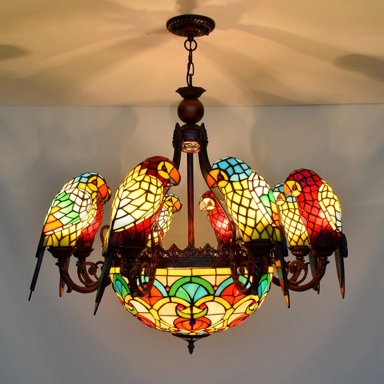 Art Nouveau Stained Glass Chandelier with Multicolored Parrots
