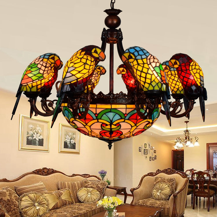 Art Nouveau Stained Glass Chandelier with Multicolored Parrots