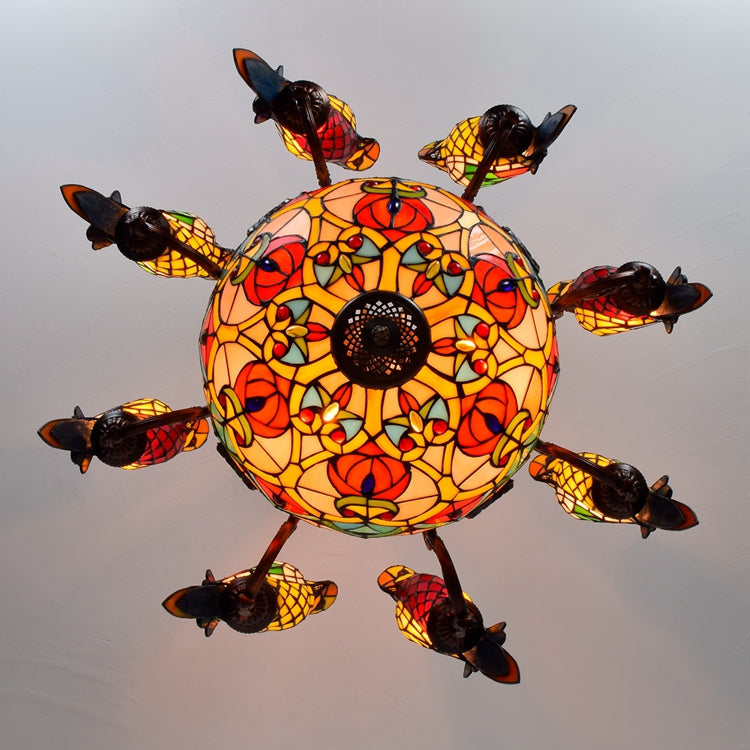 Art Nouveau Stained Glass Chandelier with Multicolored Parrots