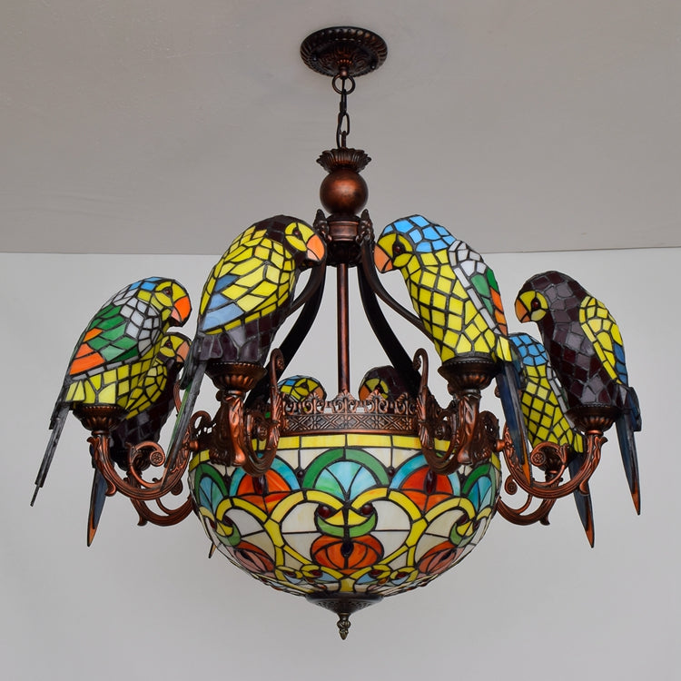Art Nouveau Stained Glass Chandelier with Multicolored Parrots