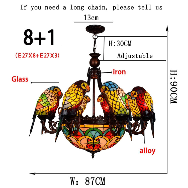 Art Nouveau Stained Glass Chandelier with Multicolored Parrots