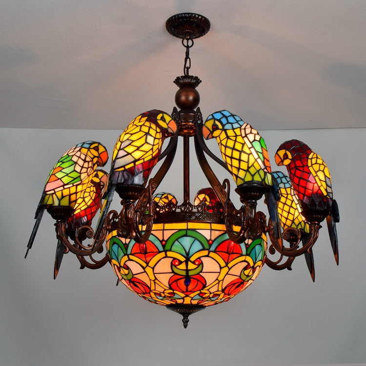 Art Nouveau Stained Glass Chandelier with Multicolored Parrots