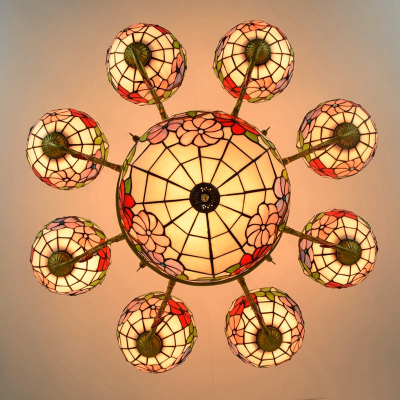 Antique Bronze Tiffany Floral Stained Glass Chandelier
