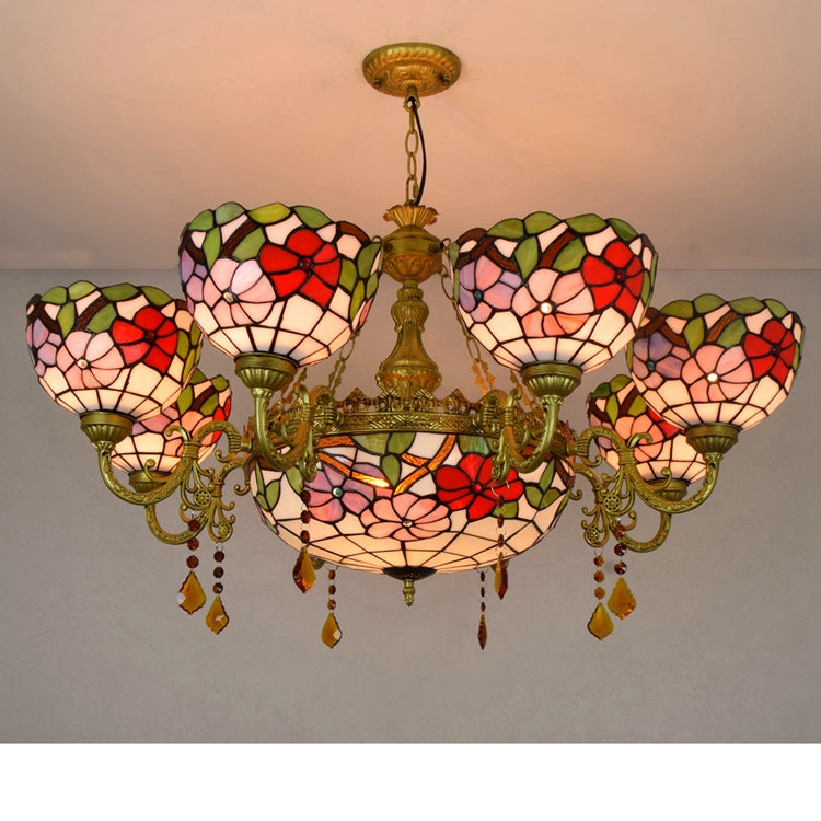 Antique Bronze Tiffany Floral Stained Glass Chandelier
