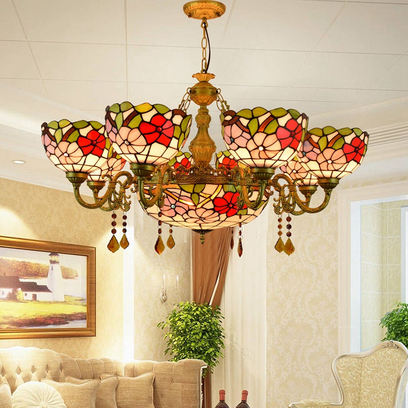 Antique Bronze Tiffany Floral Stained Glass Chandelier