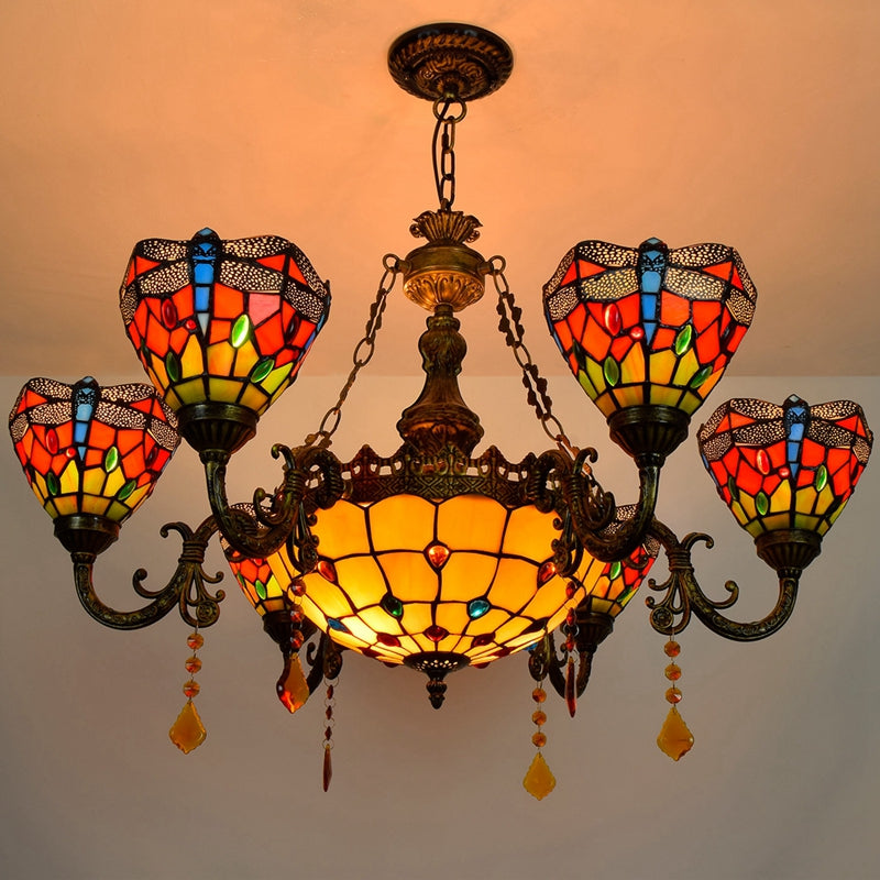 Multicolored Dragonfly Stained Glass Tiffany Chandelier