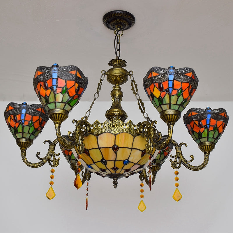 Multicolored Dragonfly Stained Glass Tiffany Chandelier
