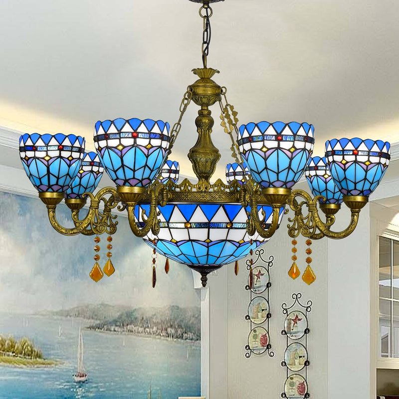 Tiffany-style Blue Stained Glass and Ornate Bronze Chandelier