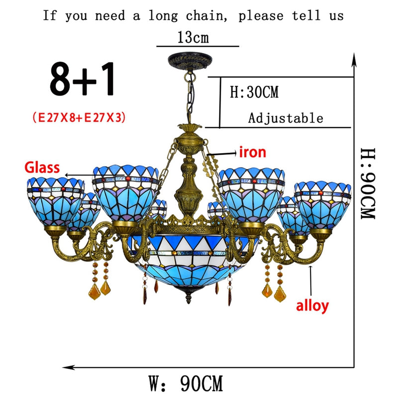 Tiffany-style Blue Stained Glass and Ornate Bronze Chandelier