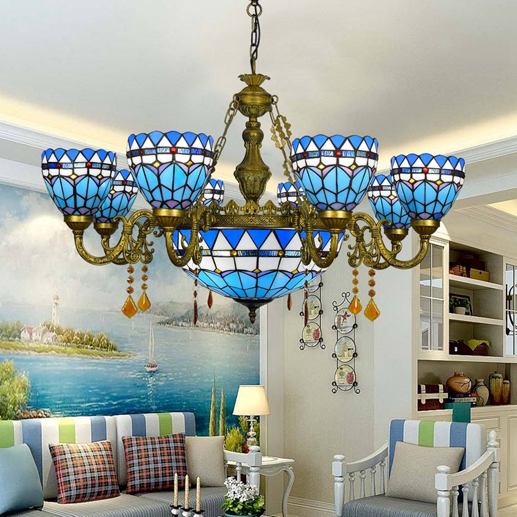 Tiffany-style Blue Stained Glass and Ornate Bronze Chandelier