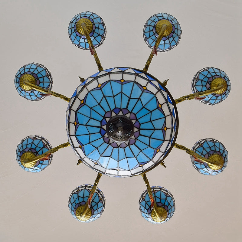 Tiffany-style Blue Stained Glass and Ornate Bronze Chandelier