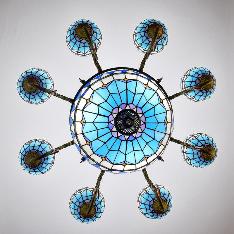 Tiffany-style Blue Stained Glass and Ornate Bronze Chandelier