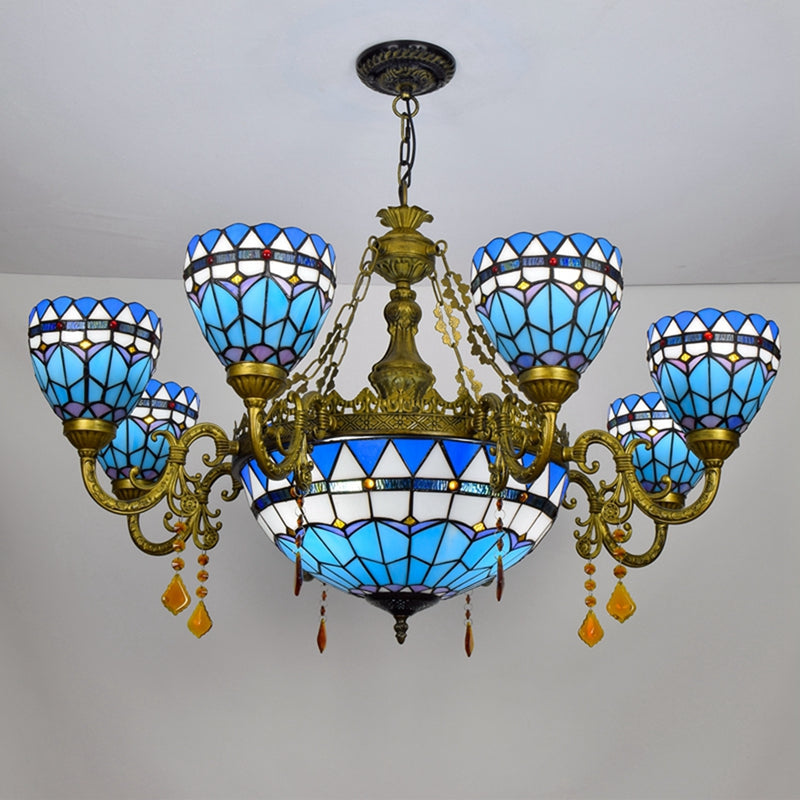 Tiffany-style Blue Stained Glass and Ornate Bronze Chandelier