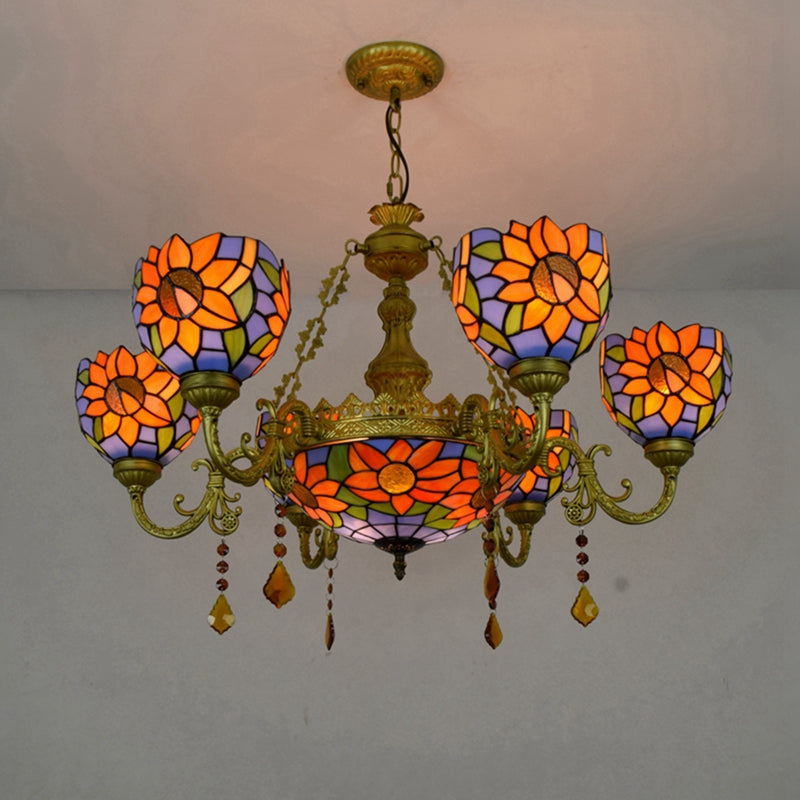 Tiffany Sunflower Chandelier in Glass and Bronze